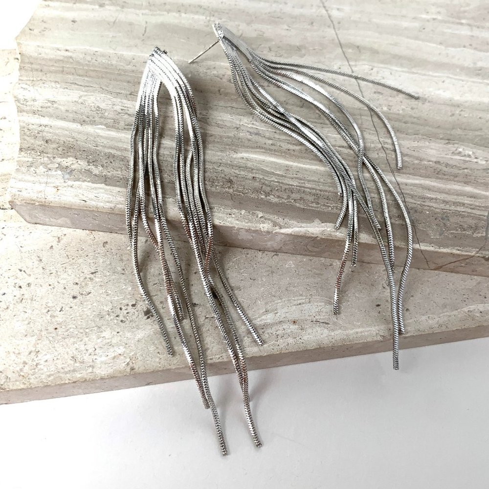 NEW~ Anthropologie Long Silver Fringed post Earrings